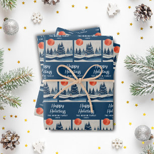 Winter Landscape Forest Moon Navy Blue Drawing  Wrapping Paper Sheet