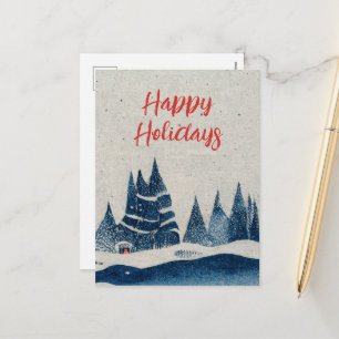 Winter Landscape Forest Navy Blue Drawing Holiday Postcard