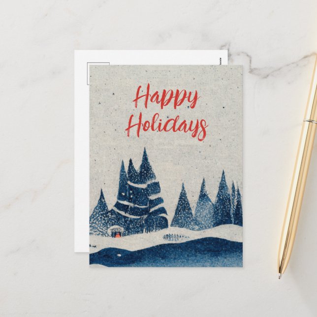 Winter Landscape Forest Navy Blue Drawing  Holiday Postcard (Front/Back In Situ)
