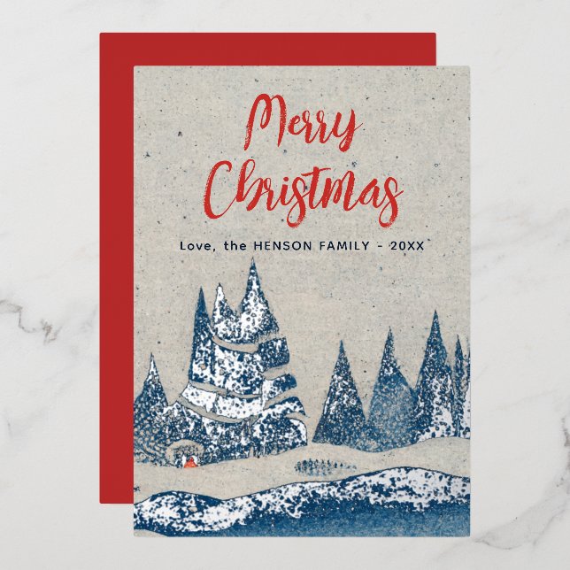Winter Landscape Forest Navy Blue Silver Foil Card (Front/Back)