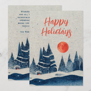 Winter Landscape Forest Orange Moon Navy Blue Holiday Card