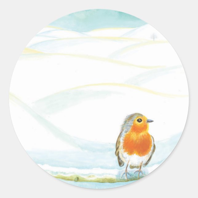 Winter Landscape Illustration With Robin  Classic Round Sticker (Front)