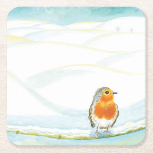 Winter Landscape Illustration With Robin Square Paper Coaster