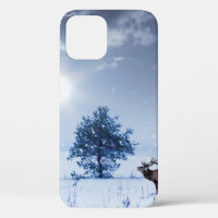 Winter landscape in blue colour. Lonely tree and w