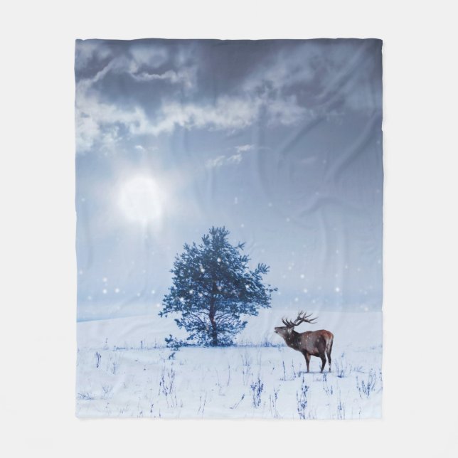 Winter landscape in blue colour. Lonely tree and w Fleece Blanket (Front)