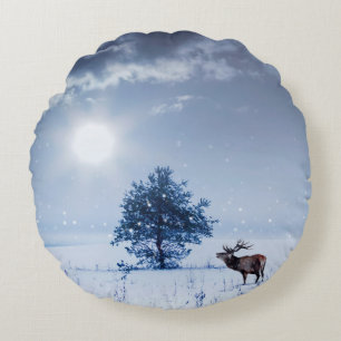 Winter landscape in blue colour. Lonely tree and w Round Pillow