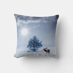 Winter landscape in blue colour. Lonely tree and w Throw Pillow