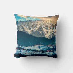 Winter landscape in Carpathian Mountain. Bran, Rom Throw Pillow