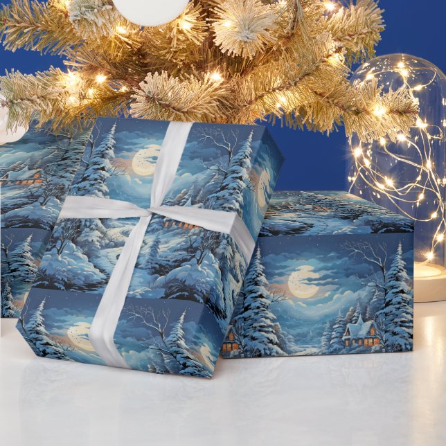 Winter Landscape Log Cabin Pine Trees River Wrapping Paper (Holidays)