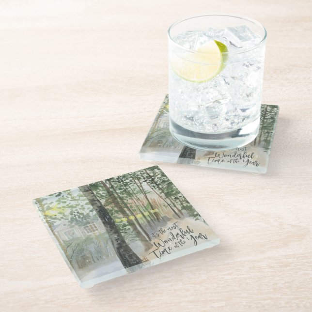 Winter Landscape Most Wonderful Time of the Year Glass Coaster (Angled)