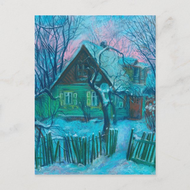 Winter Landscape Old Cottage House Pastel Painting Postcard (Front)