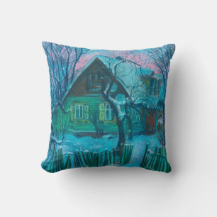 Winter Landscape Old Cottage House Pastel Painting Throw Pillow