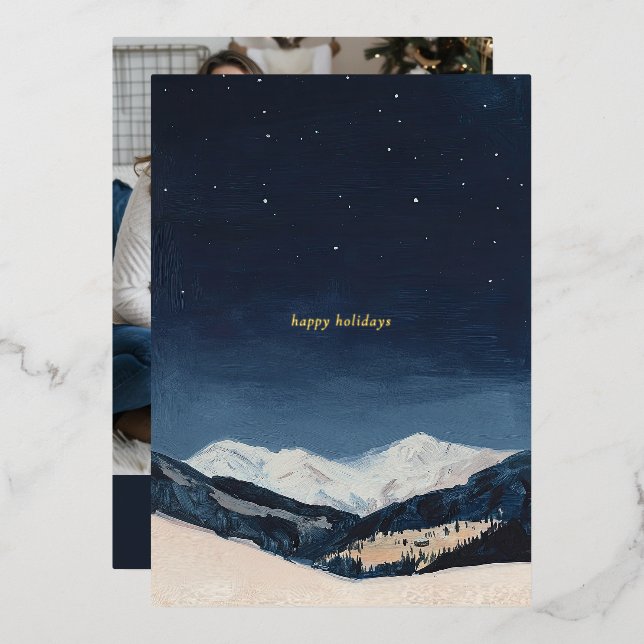 Winter Landscape Painting Custom Photo Christmas Foil Holiday Card (Front/Back)