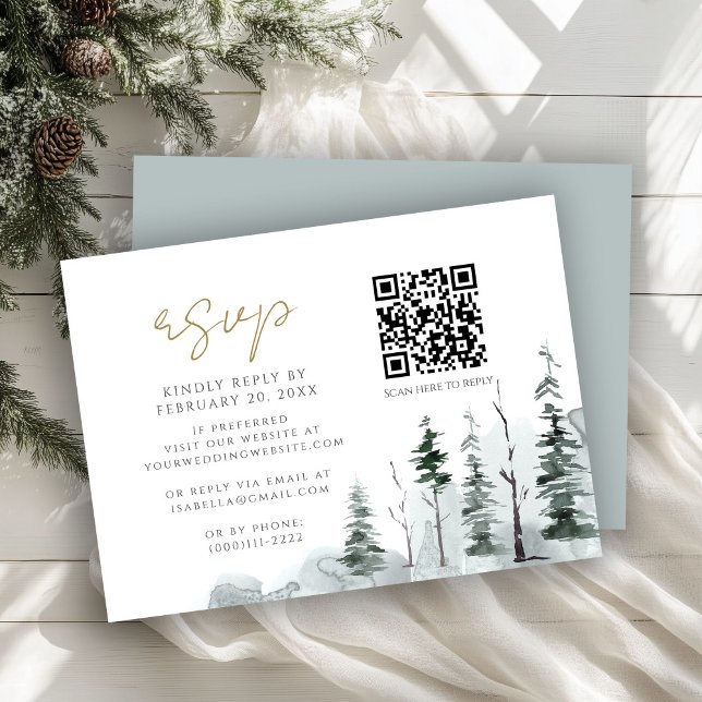 Winter Landscape Pine Forest QR Code Wedding RSVP Enclosure Card (Creator Uploaded)