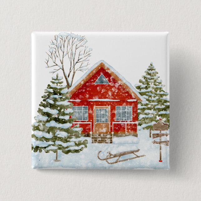 Winter Landscape Red House  2 Inch Square Button (Front)