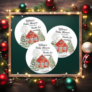 Winter Landscape Red House Baby Shower Classic Round Sticker