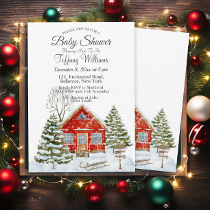 Winter Landscape Red House Baby Shower Invitation