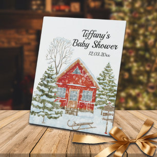 Winter Landscape Red House Baby Shower Pedestal Sign
