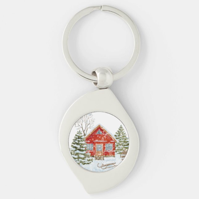 Winter Landscape Red House  Keychain (Front)