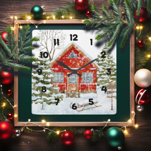 Winter Landscape Red House Square Wall Clock
