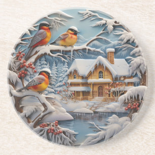Winter Landscape, Snow, Colourful Birds Coaster