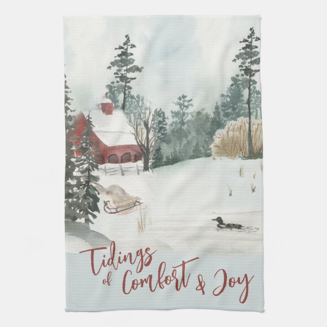 Winter Landscape Tidings of Comfort and Joy Kitchen Towel (Vertical)