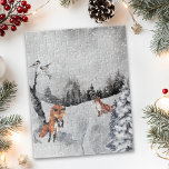 Winter Landscape Watercolor Foxes Jigsaw Puzzle<br><div class="desc">This design may be personalized by clicking the customize button and changing the colour, adding a name, initials or your favourite words. Contact me at colorflowcreations@gmail.com if you with to have this design on another product. Purchase my original abstract acrylic painting for sale at www.etsy.com/shop/colorflowart. See more of my creations...</div>