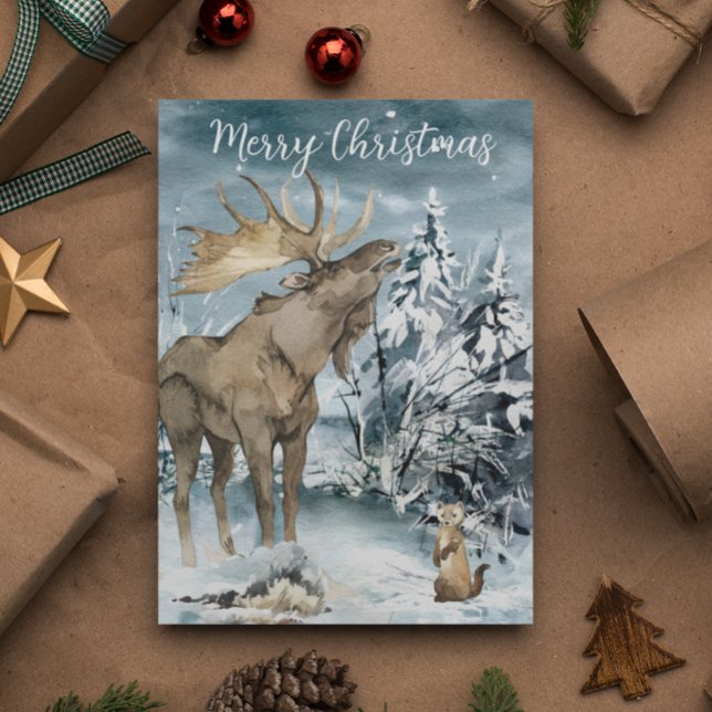 Winter landscape Watercolor Moose Christmas Postcard (Creator Uploaded)