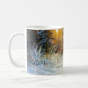 Winter landscape with a fox on a decline coffee mug
