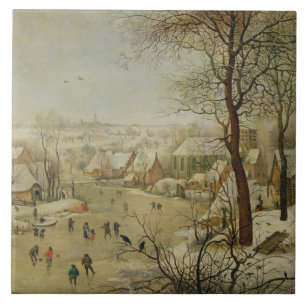 Winter Landscape with Bird Trap (oil on panel) Tile