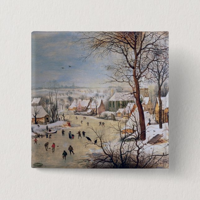 Winter Landscape with Birdtrap, 1601 2 Inch Square Button (Front)