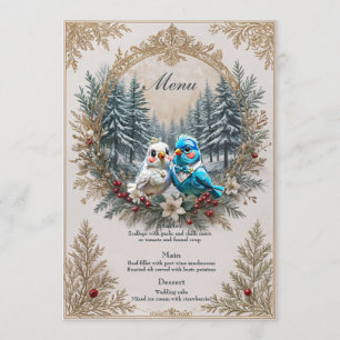Winter landscape with cute bird wedding couple. menu