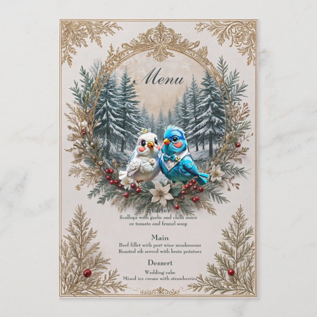 Winter landscape with cute bird wedding couple.  menu (Front)