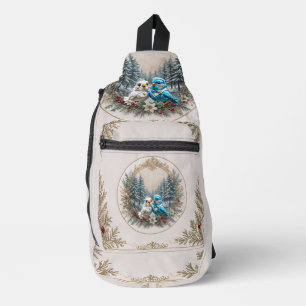 Winter landscape with cute bird wedding couple.  sling bag