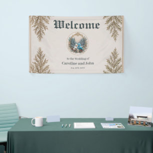 Winter landscape with cute bird wedding couple. Th Banner
