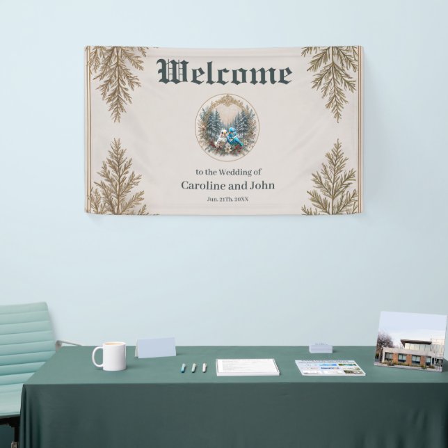 Winter landscape with cute bird wedding couple. Th Banner (Tradeshow)
