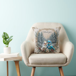 Winter landscape with cute bird wedding couple. throw pillow