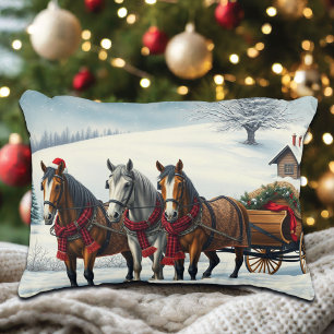 Winter Landscape with Horses and Cabin Accent Pillow