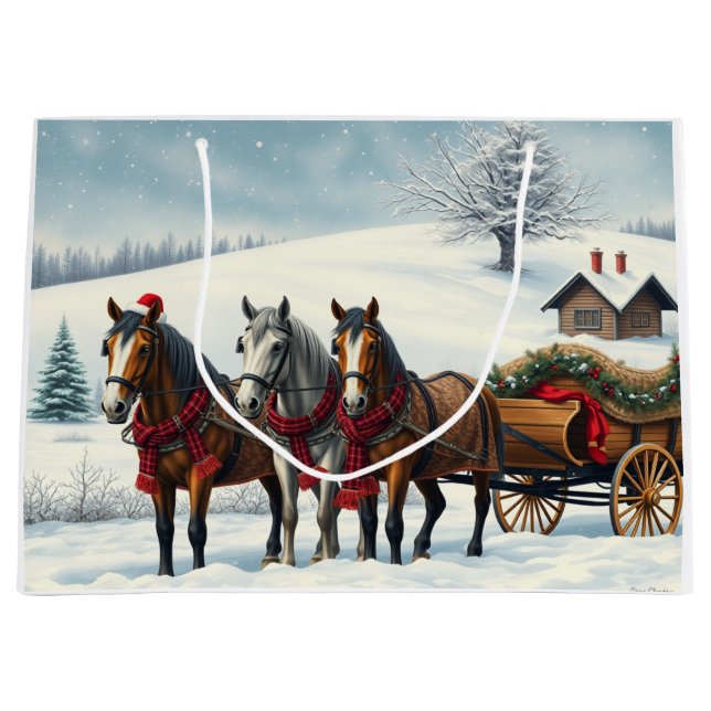 Winter Landscape with Horses and Cabin Large Gift Bag (Front)