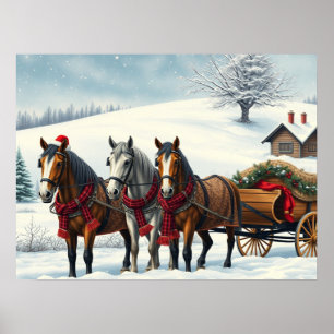 Winter Landscape with Horses and Cabin Poster
