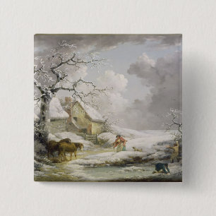 Winter Landscape with Men Snowballing an Old Woman 2 Inch Square Button