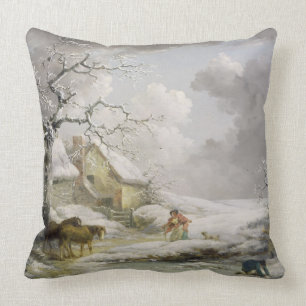 Winter Landscape with Men Snowballing an Old Woman Throw Pillow