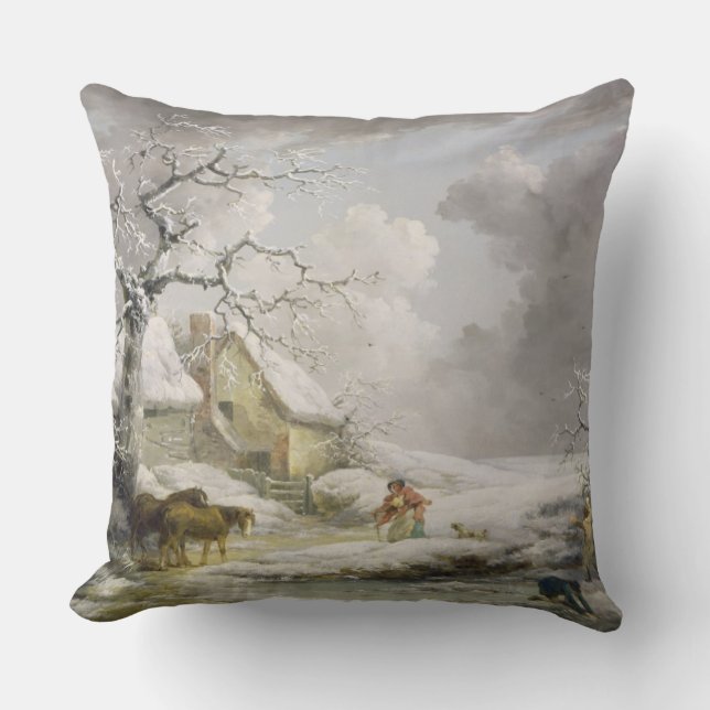 Winter Landscape with Men Snowballing an Old Woman Throw Pillow (Front)