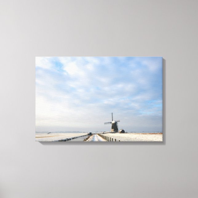 Winter landscape with snow and windmill in Holland Canvas Print (Front)