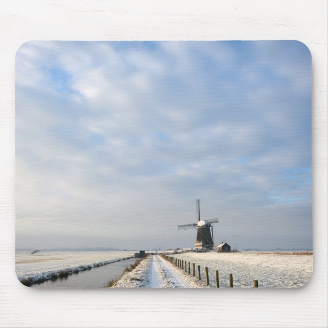 Winter landscape with snow and windmill in Holland Mouse Pad (Front)