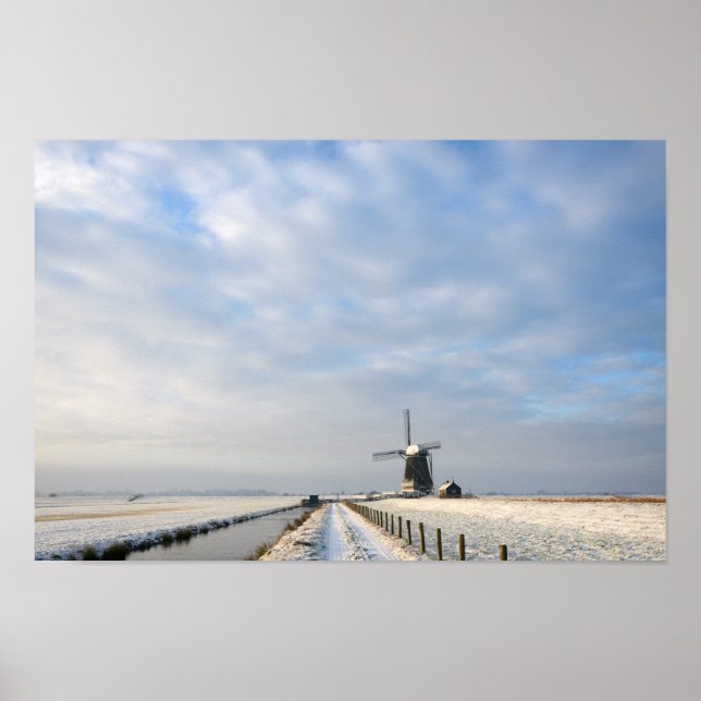 Winter landscape with snow and windmill in Holland Poster (Front)