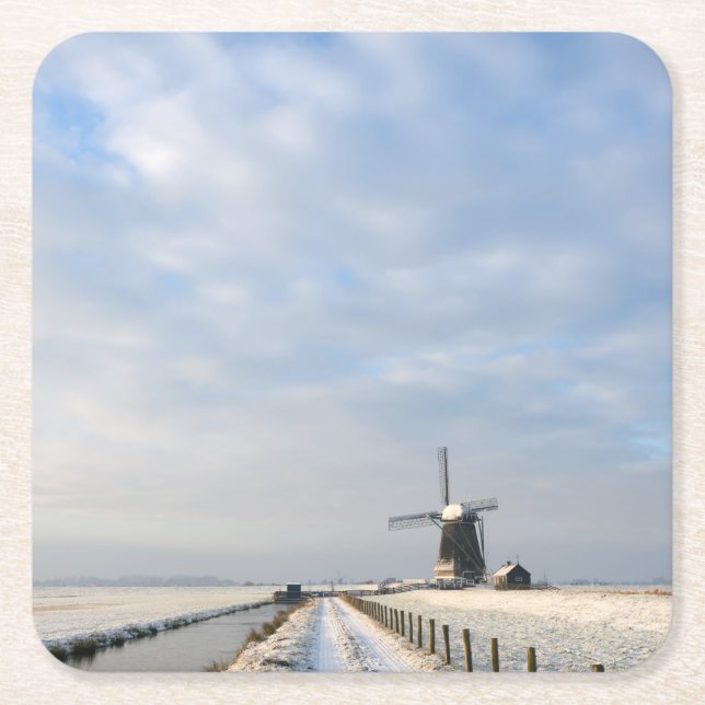 Winter landscape with snow and windmill in Holland Square Paper Coaster (Front)
