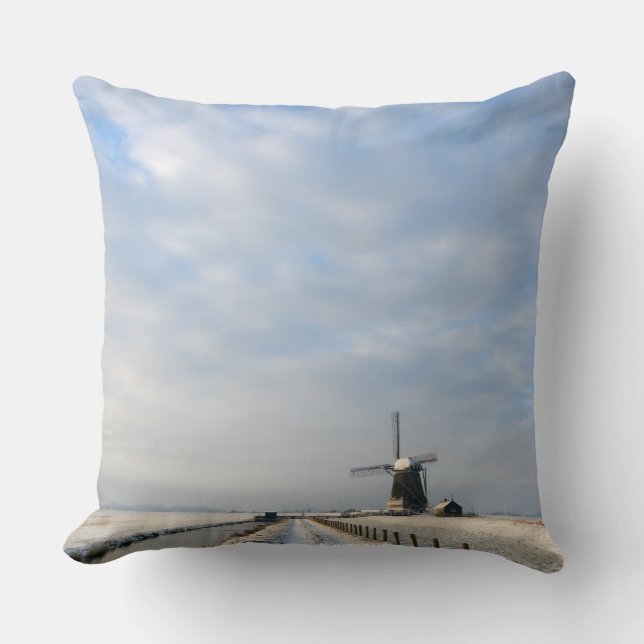 Winter landscape with snow and windmill in Holland Throw Pillow (Front)