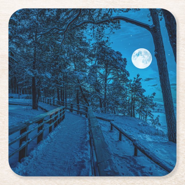 Winter landscape with snow covered pine forest square paper coaster (Front)