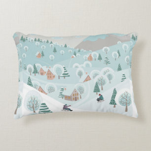 Winter landscape with snow, trees and children on  accent pillow